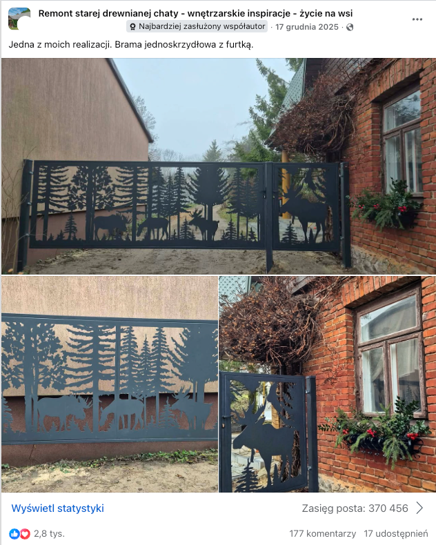 Screenshot posta w grupie Facebook - producent ogrodzeń premium, bramy i ogrodzenia cięte plazmowo z motywami leśnymi, 370 000 zasięgu, 2 800 reakcji
